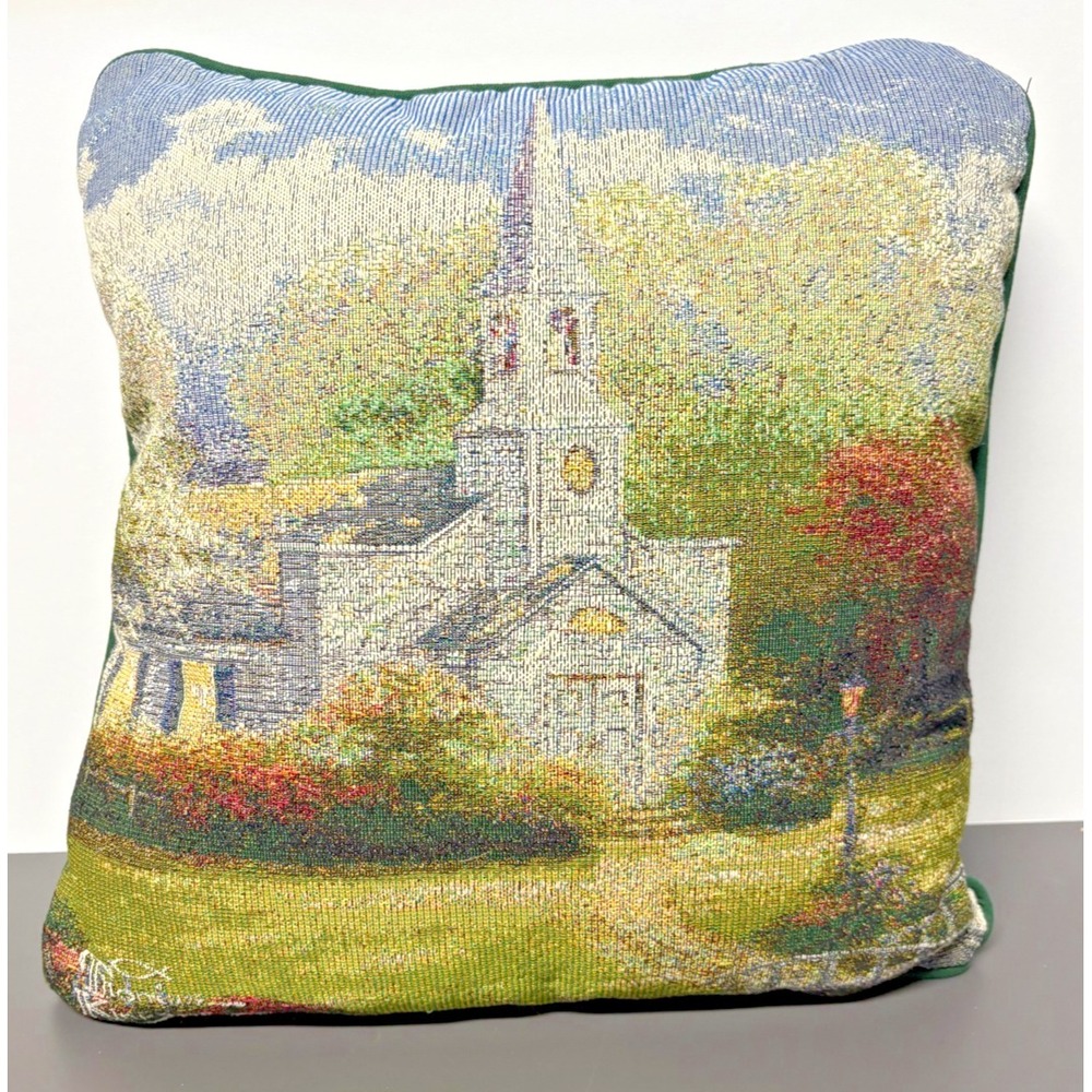 Used Thomas Kinkade Tapestry Throw Pillow "Hometown Chapel" Church Scene 16x16